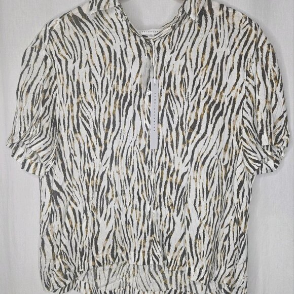 Jane + Delancey Zebra Animal Print Brown Button Up Textured Rayon Medium NWT - Picture 1 of 4
